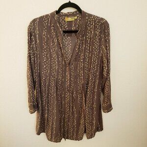 Rock Flower Paper Rayon Long Sleeve V Neck Tunic w/Irregular Dots Sz L/XL EUC